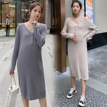 

6630# Autumn Casual Knitted Maternity Straight Dress V Neck Slim Clothes for Pregnant Women Winter Pregnancy Bottoming Dress
