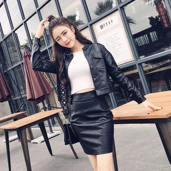 

Fashion Set 2019 Autumn New Style Leather Coat Cardigan Tops + High-waisted Slimming Sheath Short Skirt Two-Piece Women's