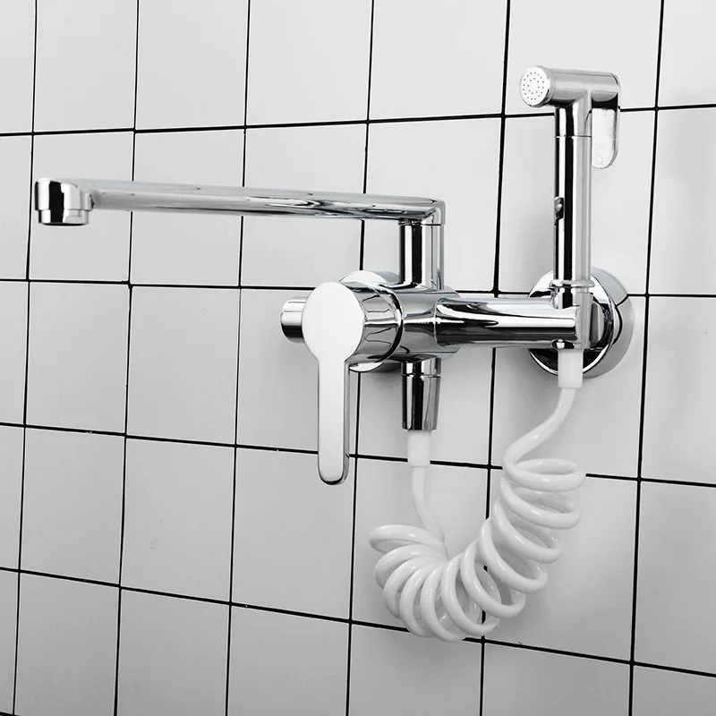  Kitchen Faucet Chrome Plated Brass Kitchen Sink Mixer Wall Mounted Water Tap With Sprayer - 4000051409399