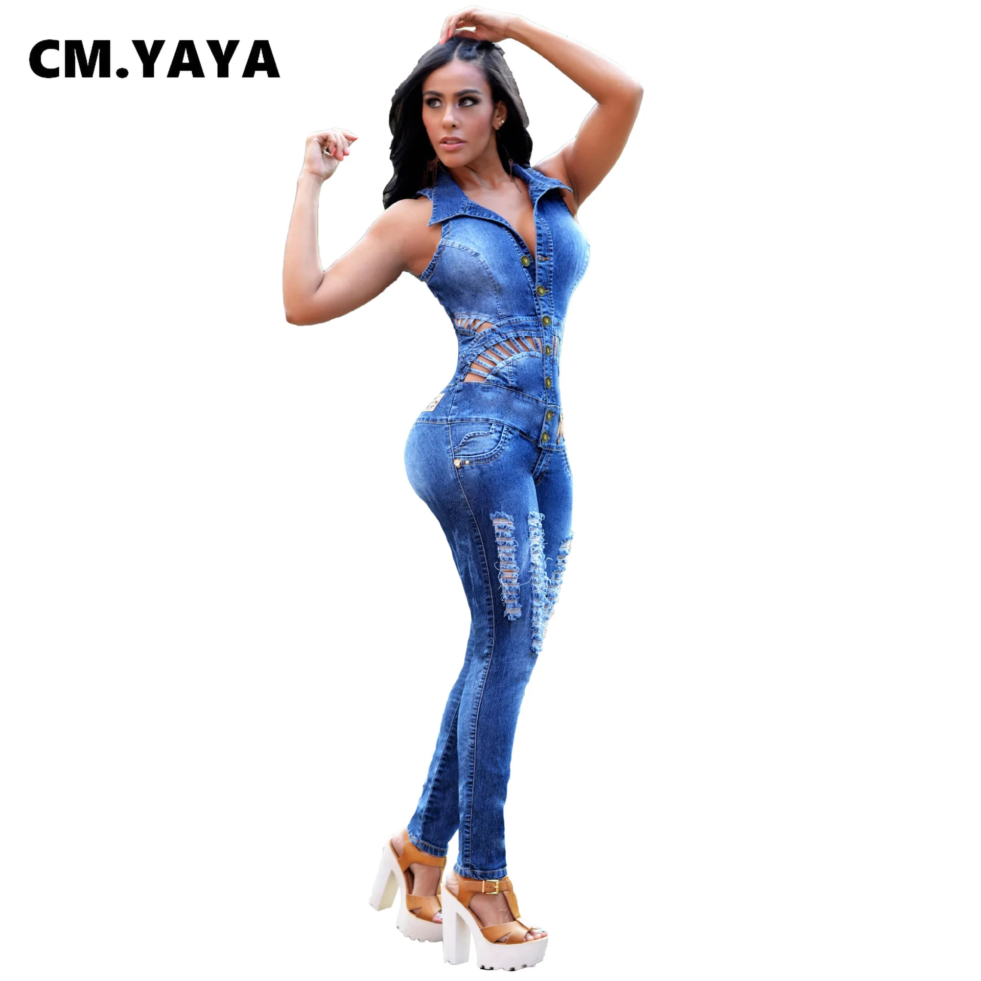 CM.YAYA Women Denim Jumpsuit Sleeveless Hollow Out Pocekets Ripped