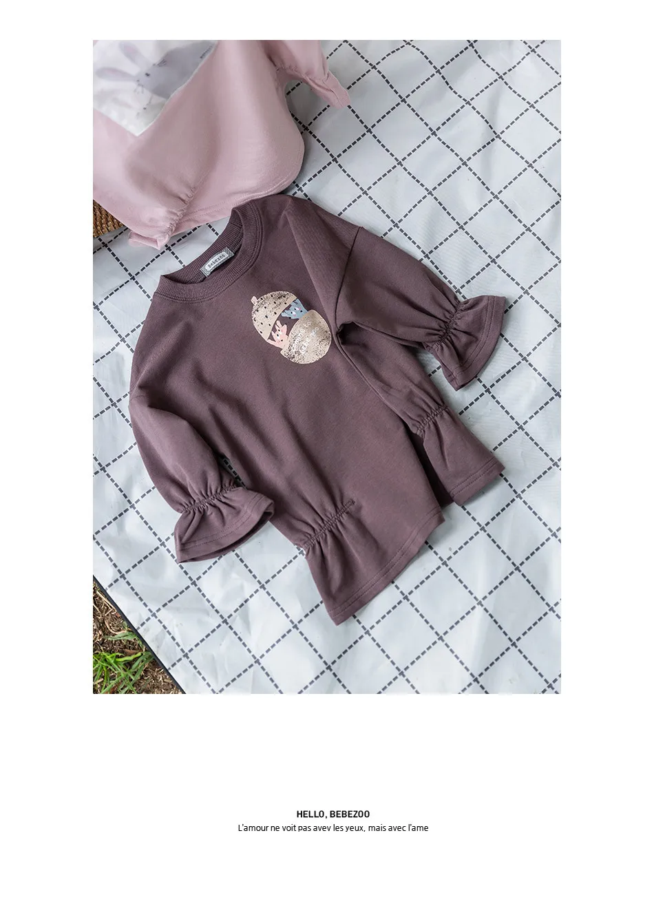Babe Progenitor/корейская детская одежда; Осенняя футболка с длинными рукавами для девочек; хлопковая Удобная футболка с круглым вырезом и принтом