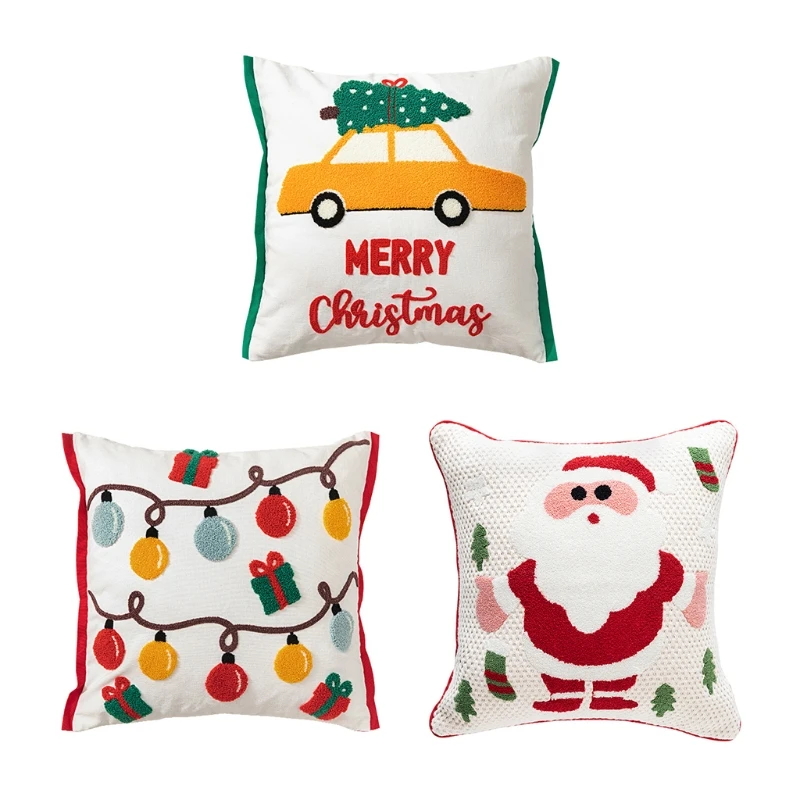 Merry Christmas Embroidered Lumbar Pillow Cover