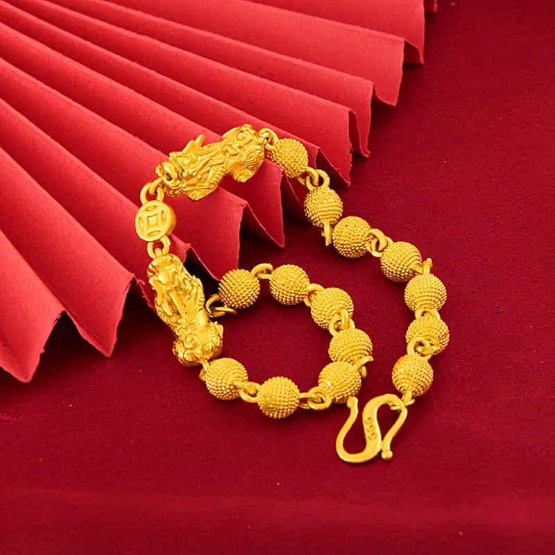 24k Yellow Gold Plated Matte Lucky Bead Hand Chain for Men Bracelets Wedding Anniversary Bitthday Valentine's Day Jewelry Gifts