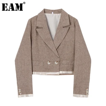 

[EAM] Women Camel Plaid Split Joint Short Blazer New Lapel Long Sleeve Loose Fit Jacket Fashion Tide Spring Autumn 2020 1Z139
