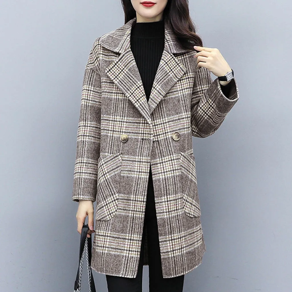Винтажное клетчатое шерстяное пальто для женщин зима модное плотное теплое свободное флисовое пальто Верхняя одежда корейское уличное повседневное пальто для женщин# G30