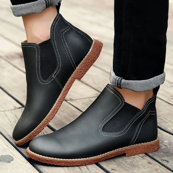 

Fashion Chelsea Boots Men Slip On Cow leather Cowboy Boots outdoor breathable Men Ankle Boots Vintage Classic Male Casual Boot