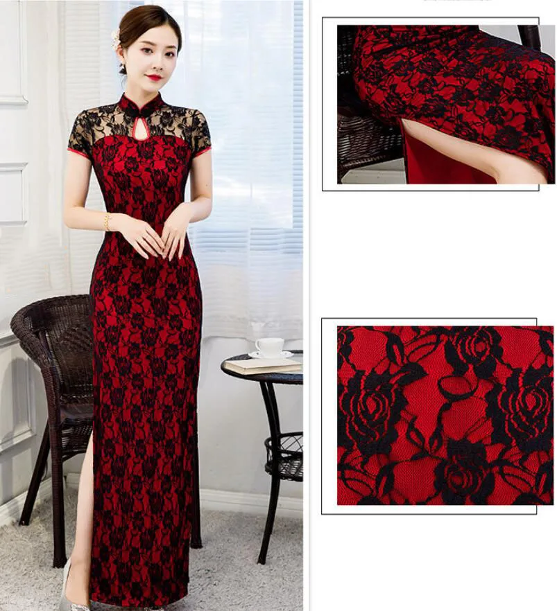 Women Cheongsam Short-sleeve Long Dress Costumes S To 5XL chinese dress