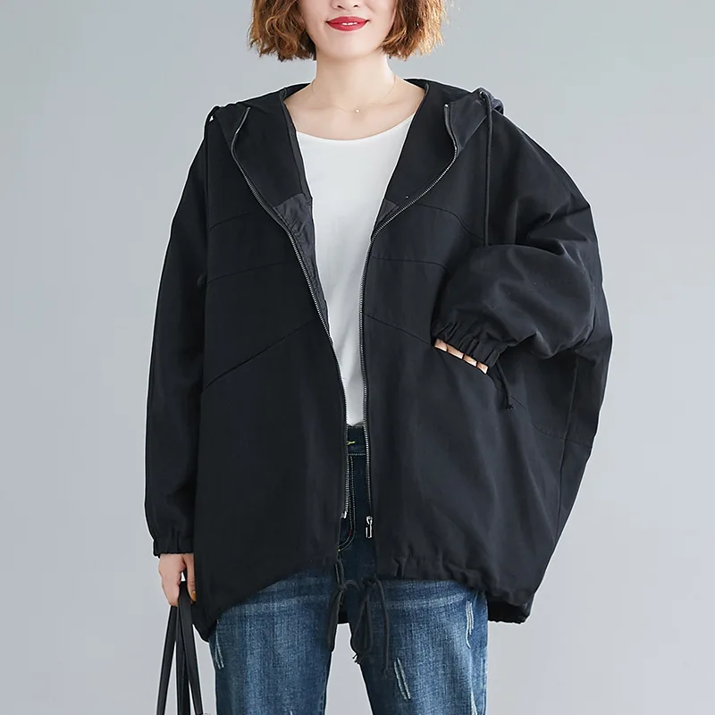Новинка, осенне-зимняя Корейская ветровка с капюшоном и карманами на молнии, простая Женская куртка для отдыха размера плюс