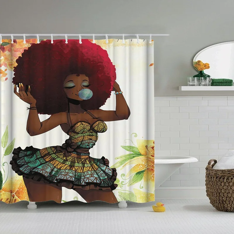 Makeup Afro African Shower Curtain Bathroom Waterproof Fabric Decor Mat Hooks 