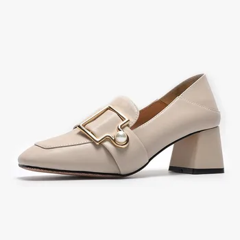 

Womens Spring Autumn Fashion Metal Button Square Toes Middle Heel Pumps Ladies Bead Elegant Delicate Pretty Shoes
