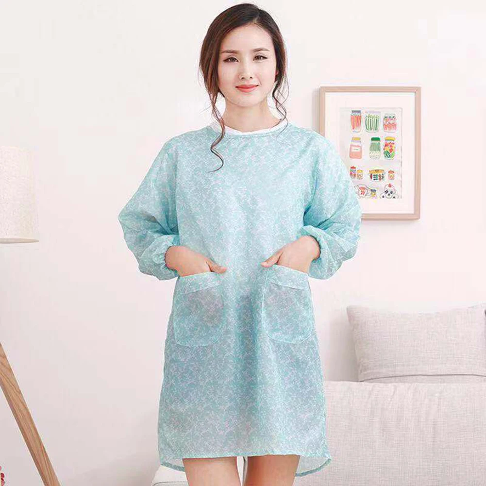Home Cooking Kitchen Apron Women Floral Waterproof Long Sleeve Kitchen Cooking Baking Apron Working Smock Big Pocket Apron