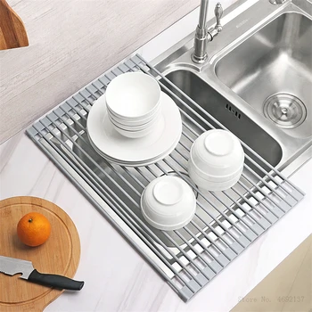 

Kitchen Foldable Dish Drying Rack Multifunction Rolling Dish Drainer Over Sink Mat Fruit Vegetable Dish Bowl Sink Drain Holders