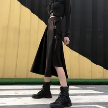 Gothic Punk Women High Waist Black Long Skirts With Pocket Harajuku Cool Girls Vintage Gray Irregular A-line Fashion Midi Skirts