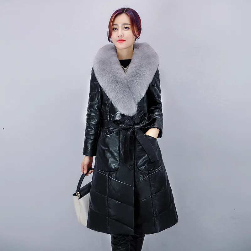 Winter Women Pu Leather Down Jacket Sashes Office Ladies Slim Fit Warm Outerwear Overcoat Fur Collar Long Coat Casaco Feminino - Цвет: black