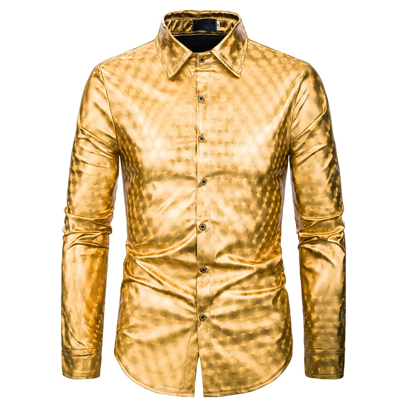 Для Мужчин's цвета: золотистый, серебристый блестящая рубашка мужской однотонный Цвет Рубашки в клетку мужской, с длинными рукавами Однобортный вечерние ночной клуб рубашки для мальчиков