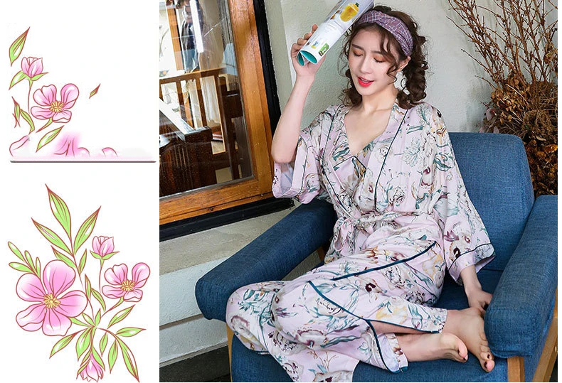 Vintage Rural Style Home Service 3 Piece Set Women's V-neck Sling Long-sleeved Nightgown Print Pajamas Set Casual Pajamas Sets