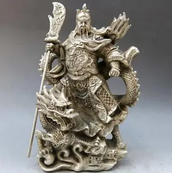 

9" China silver handwork carved beautiful dragon military sage Guan Gong Statue