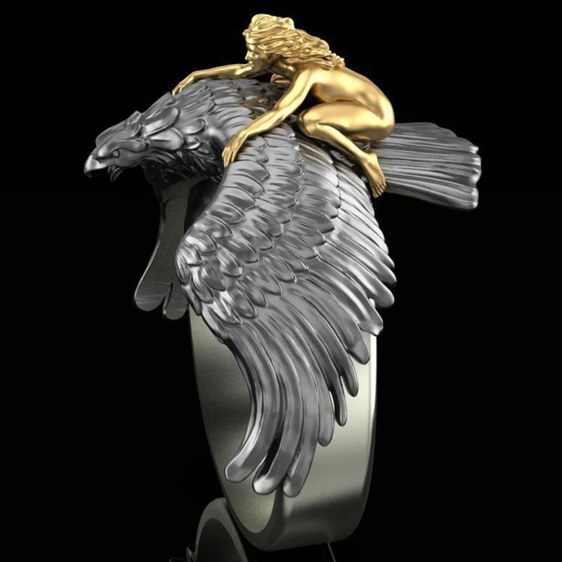 Gold Flying Girl on The Eagle Animal Men's Ring Vintage Black Punk Biker Wing Rings for Women Hip-hop Jewelry Bague Homme | Украшения и