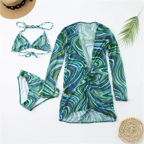 3 Piece Mesh Skirt Bikini Women Floral Print Long Sleeve Cover Up Beach Swimsuit Summer Bathing Suit High Waist Swimwear