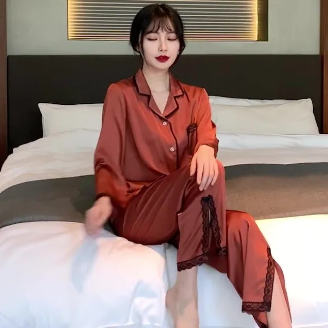 Lace Pj's 2PCS Sleepwear Women Satin Pajamas Suit Summer Pyjamas Casual Intimate Lingerie Long Sleeve Shirt&Pants Lounge Wear