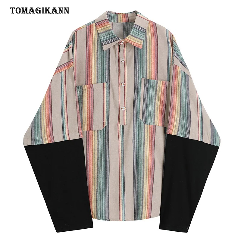 

Striped Blouse Women BF Pockets Colorblock Spliced Shirts 2020 Autumn Casual Fake Two Piece Loose Female Clothes Tops