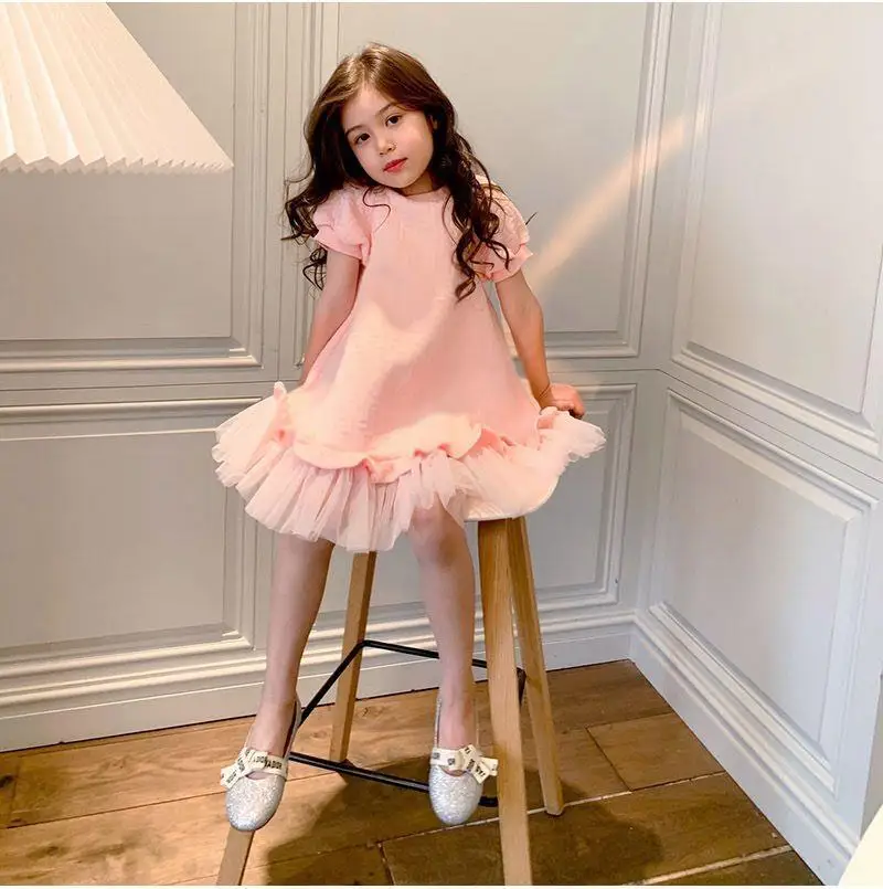Girls Dress Spring Summer Girls Dress Fashion 2-9Y Children Long Dress Baby Short-sleeved Mesh Princess Teenage clothing