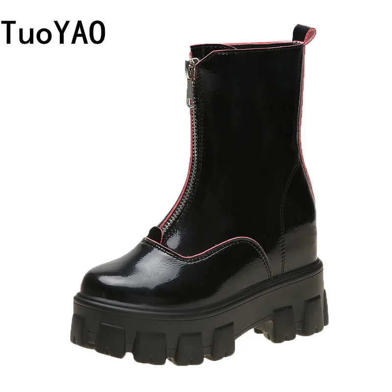 

Winter Zipper Casual Boots 2019 Women Ankle Boots British Thick Sole Patent Leather Sneakers Height Increasing Platform Boots