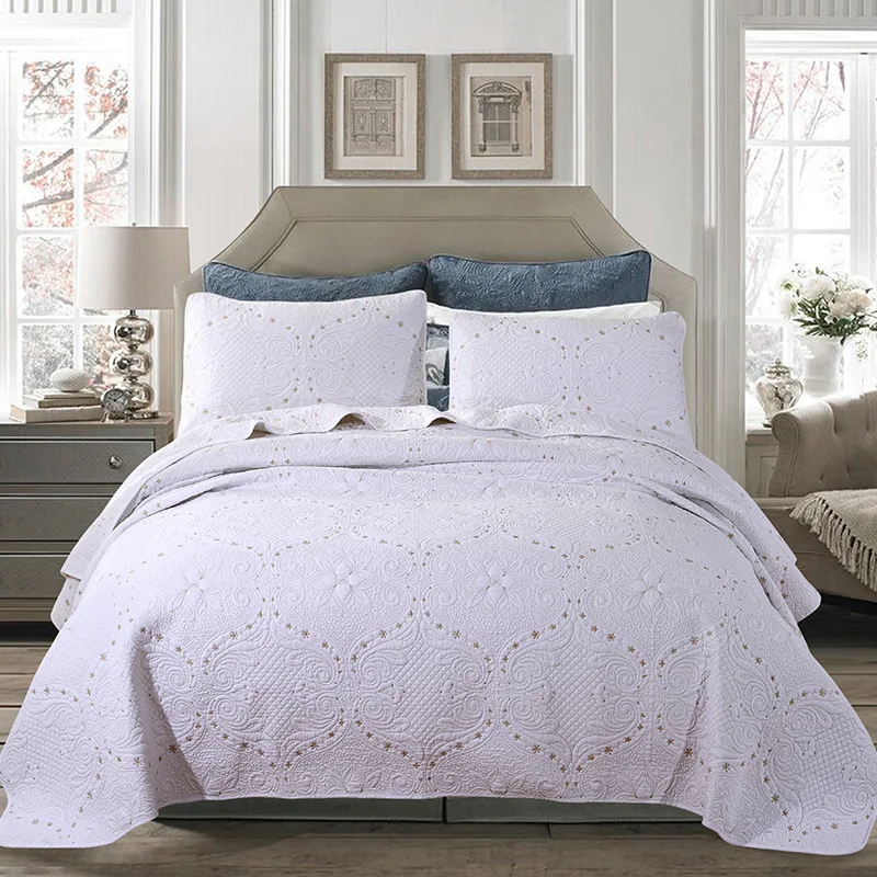 White Cotton Bed Cover Set Bedspreads Coverlets Embroidery Quilting