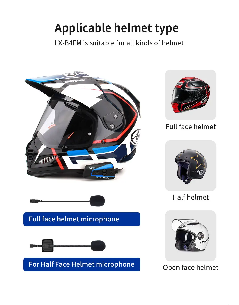 Lexin Bluetooth moto rcycle шлем гарнитуры домофон мото FM радио 4 способа intercomunicadores de casco moto intercomunicador B4FM