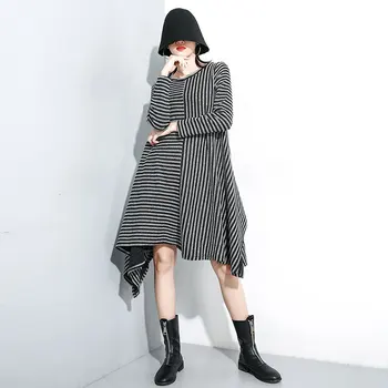 

LANMREM 2020 Spring New Wool Striped Dress Women's Street Personality Irregular Long-sleeved Round Neck Dress 19B-a538