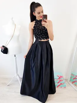 

Prom Dress Simple Two Piece Lace Beading High Neckline Long Floor-length Party Gown