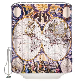 

World Map Antique Retro Style Ancient Earth Map Old Background Cultural Texture Foot Color Polyester Fabric Shower Curtain