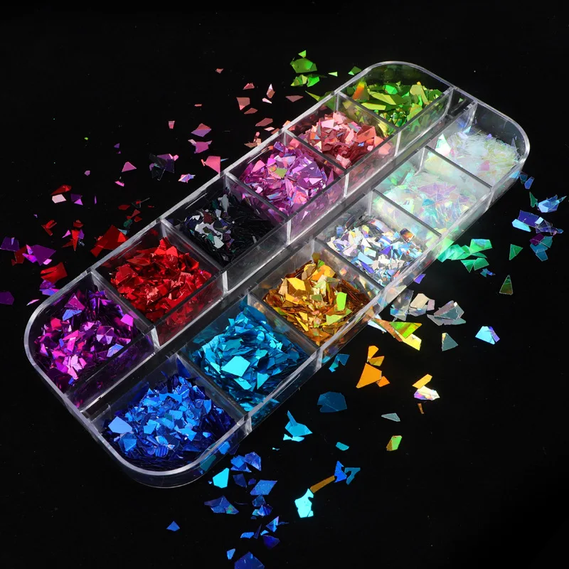 

1 box of 12 grid boxed laser color Laser large fragment sequin grid independent boxed irregular mixed color nail art jewelry