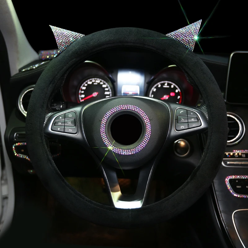 Роскошные хрустальные Мультяшные Чехлы рулевого колеса автомобиля для женщин и девочек Стразы с красным покрытием для автомобиля Аксессуары для рулевого колеса - Color Name: Black