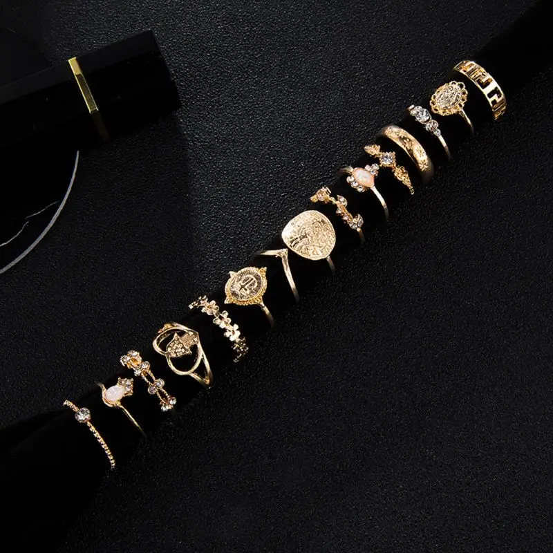

15Pcs Assoeted Golden Religious Coin Cross Crystal Fatima Hand Boho Rings Set Y4QB