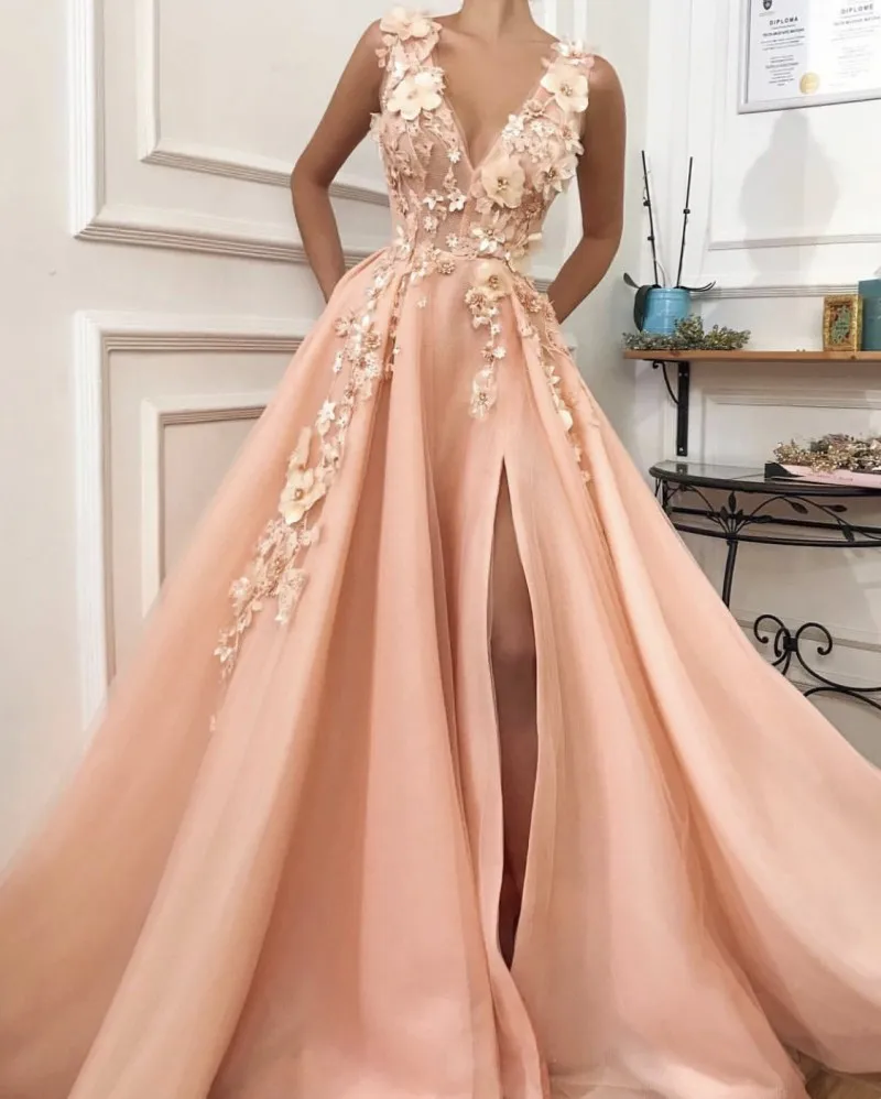 

Pink Prom Dress Long V-Neck Appliques with Flowers Handmade Side Split Tulle Formal Evening Gowns Girl Party Dress Graduations