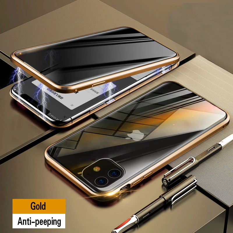 Магнитный чехол из закаленного стекла для iphone 11 Pro MAX X XS XR 8 7 6 6s plus, Защитный металлический чехол с защитой на 360 ° - Цвет: Gold