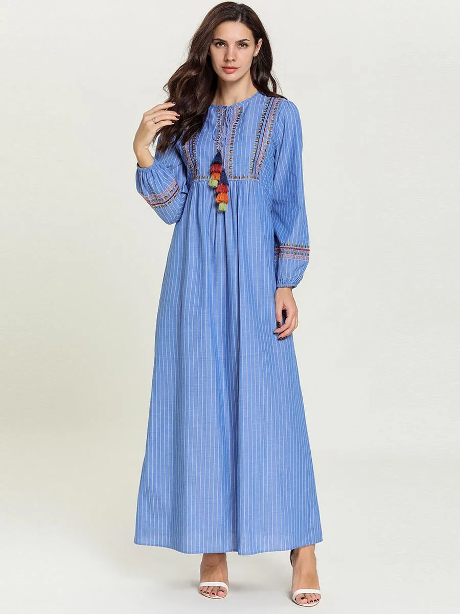 Abaya/турецкое платье-Кафтан; модное простое осеннее платье в синюю полоску с вышивкой; повседневное арабское платье Musulmane Femme