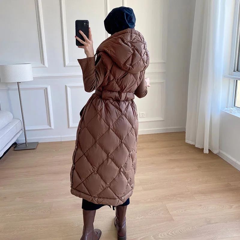Luxury Women\'s Sleeveless Down Vest With belt Winter Warm Zipper Hooded Long Down jacket Fashion Outerwear Lady INKEO 1O338