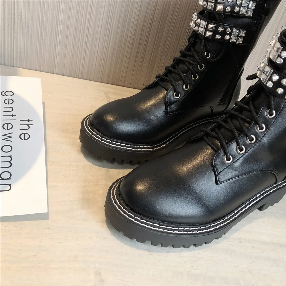 Koop MIULAMIULA Merk Ontwerpers 2019 Winter Luxe Klinknagel Zwarte Lederen Cross Tie Platform Schoenen Lady Laarzen Rits Maat 35 40