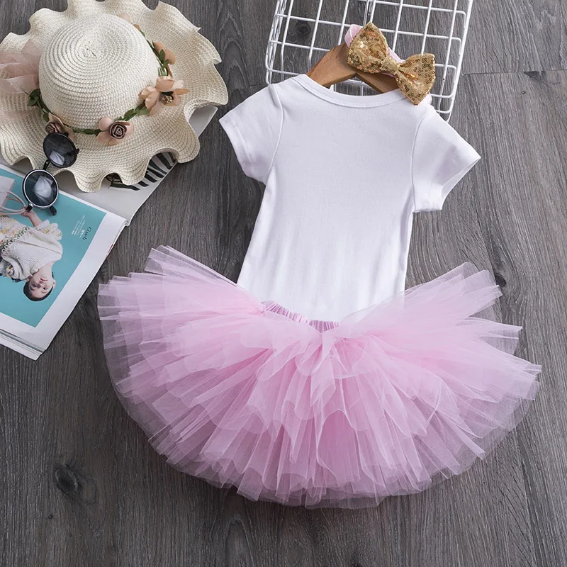 Праздничная одежда для новорожденных девочек 1 год топы с Минни Маус+ платье-пачка+ повязка на голову, комплект из 3 предметов платья для крещения для маленьких девочек