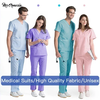 

Unisex Medical Uniforms Nursing Scrubs Clothes Short Sleeved tops pants Doctor shirt Brush hand clothing work clothes men women