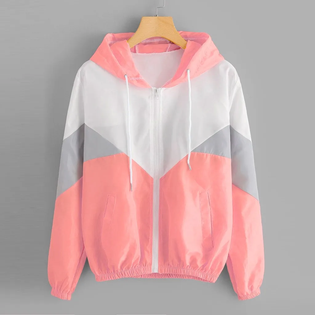 Pink Женские модные спортивные куртки с длинным рукавом, лоскутные тонкие облегающие костюмы с капюшоном, верхняя одежда на молнии, женское Желтое Пальто - Цвет: Pink