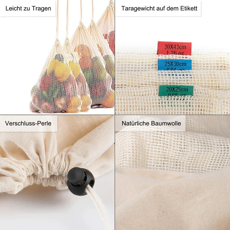 Reusable Produce Bags For Fruit,Veggies,Fridge Organizing,Toys,Lightweight&Drawstring,Double Stitched,Tare Weight Tag,Washable O