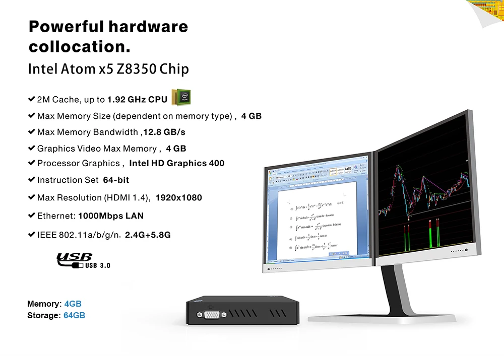 Z83V Мини ПК Windows10 Лицензия Intel Atom Z8350 4 ГБ/64 Гб HDMI VGA 2,4 г/5 г двойной wifi 1000 м LAN настольный мини-ПК NUC