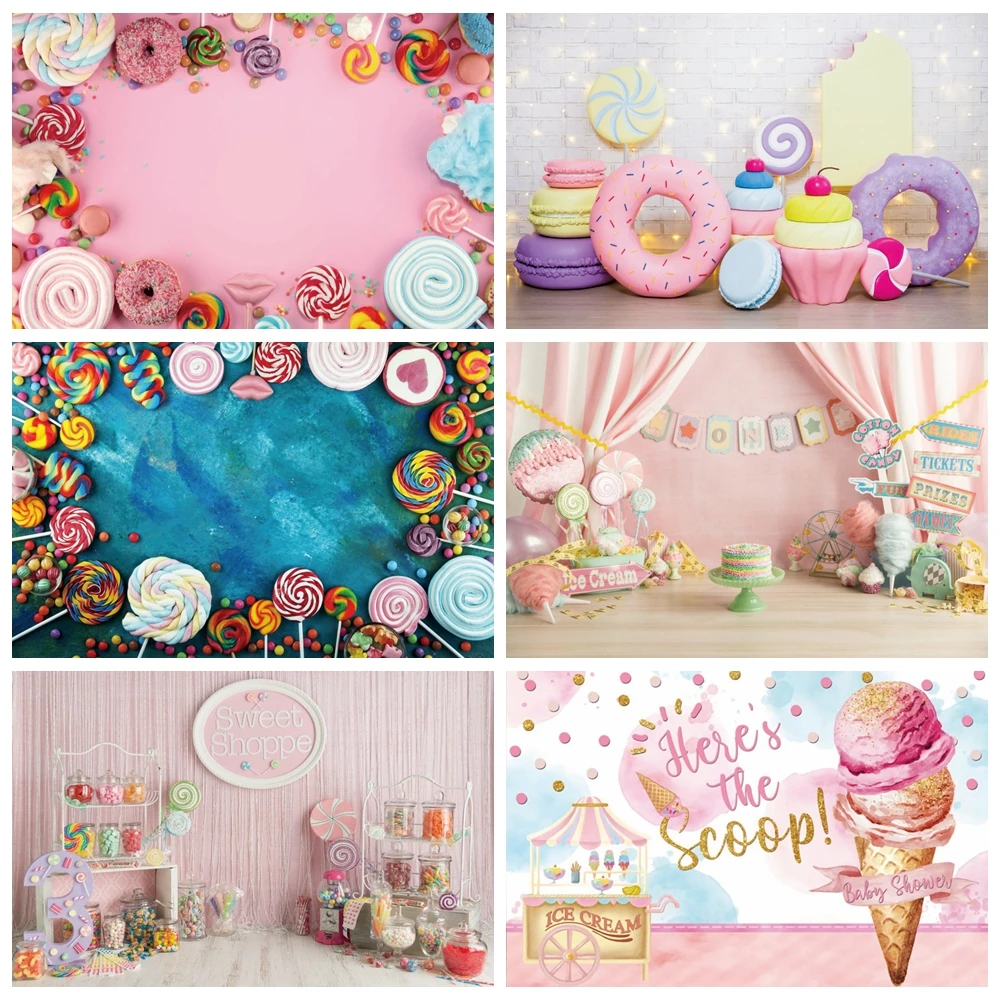 Laeacco Birthday Backdrops Candy Lollipop Cake Ice Cream Donut Kids Newborn Baby Shower Photography Backgrounds For Photo Studio |