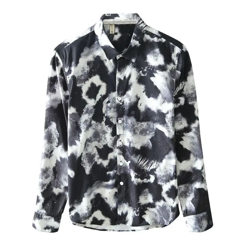 

Korean Style Printed Button Shirts Men's Polyester Square Collar Long Sleeve Shirt Mens Vintage Casual Dress Shirts 2020 New Hit