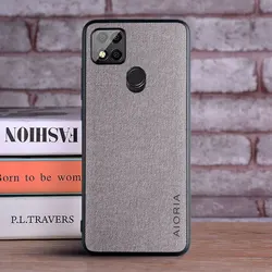 Luxury Textile Leather Skin Phone Case - Soft TPU and Hard PC Cover for Redmi 9C (Light Gray)