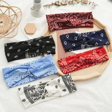 

Vintage Printing Elastic Headband For Women Cross Knot Width Hairbands Girls Hair Accessories Soft Cloth Turban Bandage Headwear