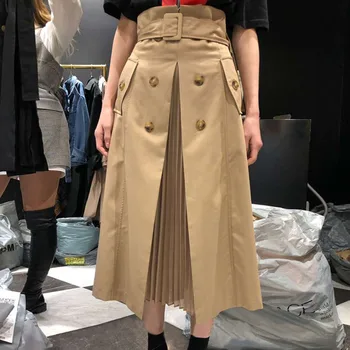 

Vintage Korean Mesh Pleated Skirt Women Japanese Style High-waist Chic Double-breasted Skirt Casual Elegant Skirt With Belt